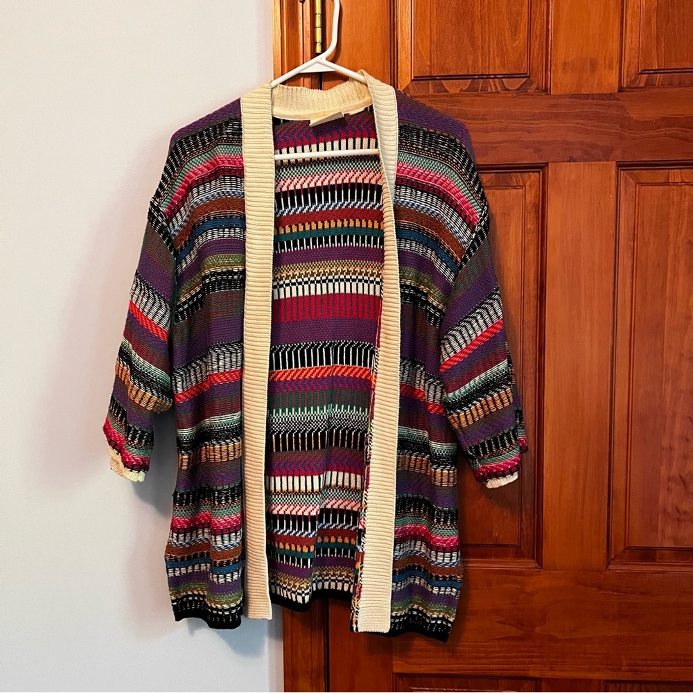 Maeve Multicolor Striped Open-Front Cardigan with Cream Trim